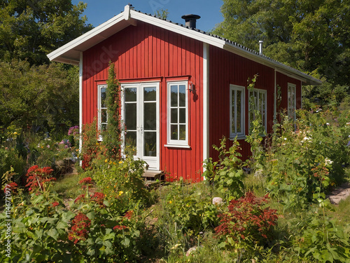 Red wooden traditional swedish house in countryside. Red wooden summerhouse.