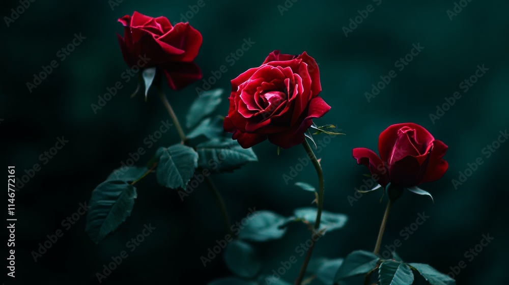 Obraz premium Crimson roses against a dark emerald backdrop, close-up shot, Minimalist style