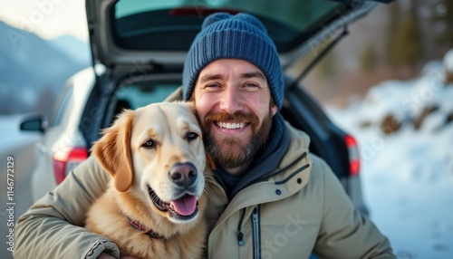 A cheerful man with a beard and a warm beanie smiles broadly alongside his golden retriever in a snowy landscape. The bond between them radiates happiness, capturing the essence of friendship and photo