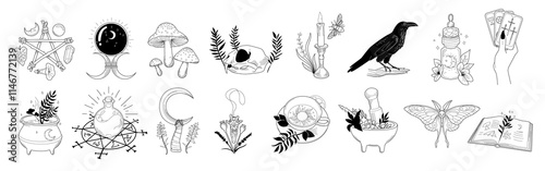 Elements of magic. Boho style, Halloween objects, witch, moon and elegant plants. Witchcraft logo. Mystical modern tattoo. Alchemy collection. Tarot cover. Line snake and candle. Vector icon graphics