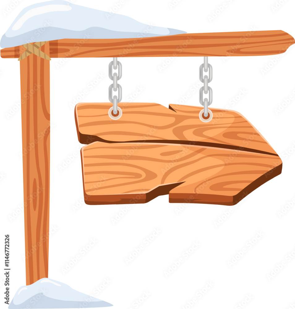 Wooden arrow sign hanging on chains from a wooden pole covered by snow, isolated on white background, ideal for winter and christmas related concepts Wooden arrow sign hanging on chains from a wooden pole covered by snow, isolated on white background, ideal for winter and christmas related concepts