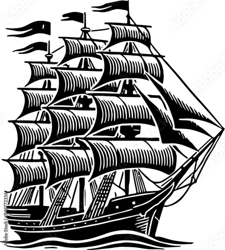 Black and White Vintage Ship Silhouette, Sailing Vessel Illustration, Nautical Design for Maritime Themes, Wall Art, Logos, or Tattoo Concepts