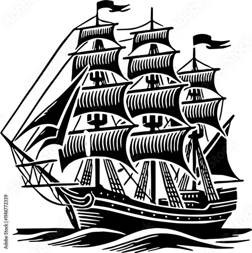 Black and White Vintage Ship Silhouette, Sailing Vessel Illustration, Nautical Design for Maritime Themes, Wall Art, Logos, or Tattoo Concepts