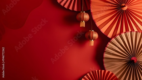 Chinese New Year Background Wallpaper Vibrant decorative paper lanterns and fans arranged on a rich red background for festive celebrations
