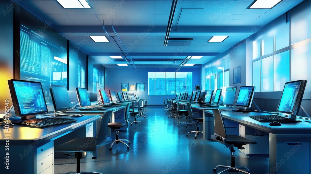 Modern Computer Lab with High-Tech Workstations and Large Windows, Illuminated with Soft Blue Lighting, Offering a Clean and Productive Environment for Innovation and Learning