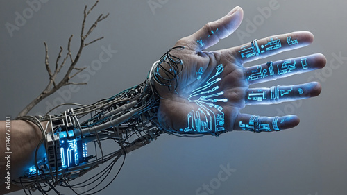 Human Hand with Digital Circuit Patterns photo