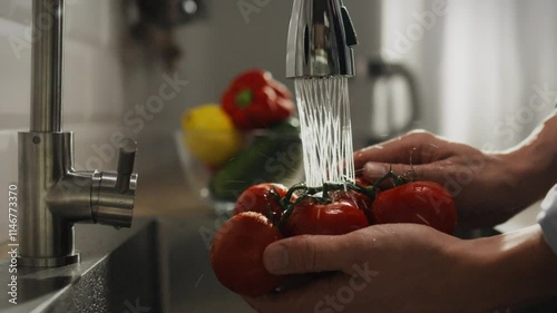 A person rinses ripe tomatoes under running water at a kitchen sink. Colorful vegetables including bell peppers and lemons are visible in the background, creating a vibrant setting for meal prep photo