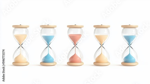 Five colorful hourglasses displaying different sands, symbolizing time management and the passage of time in a minimalist design.