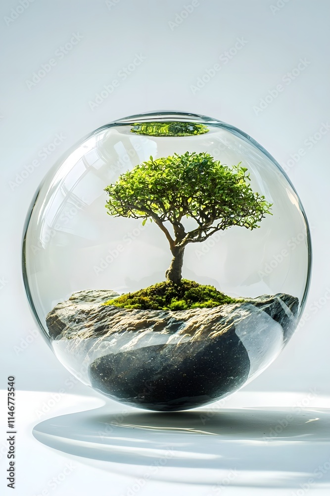 A miniature tree inside a glass orb on a rock, symbolizing nature and tranquility. A miniature tree inside a glass orb on a rock, symbolizing nature and tranquility.