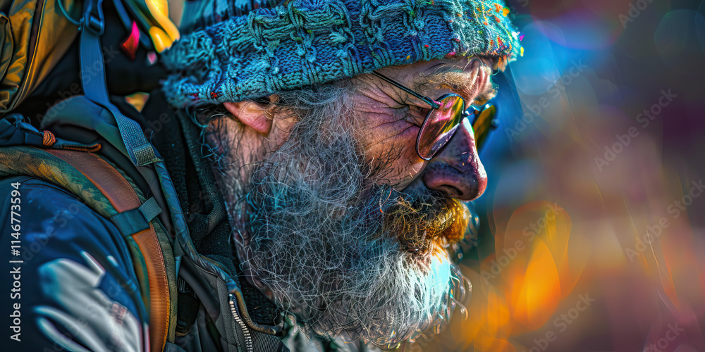 Fototapeta premium Portrait of Bearded Man with Backpack and Knitted Hat