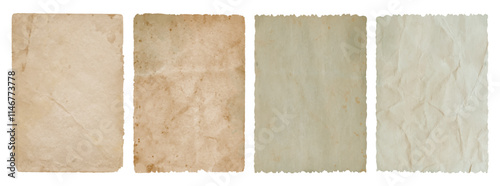 Old vintage paper background textures, crumpled worn stained parchment sheets with torn ripped edges