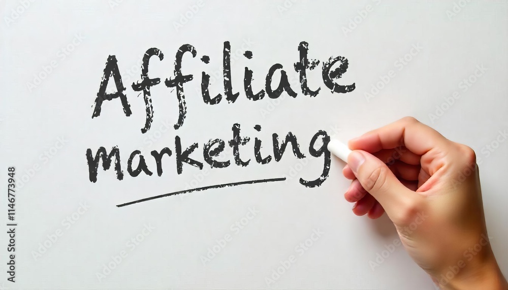Fototapeta premium Hand holding white chalk writing Affiliate Marketing.Highlighting key business principles