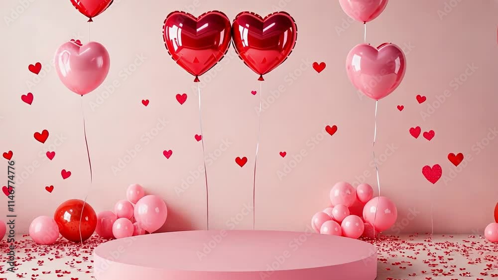 Heart-shaped balloons decorate a stage for a Valentine's Day celebration in a romantic setting