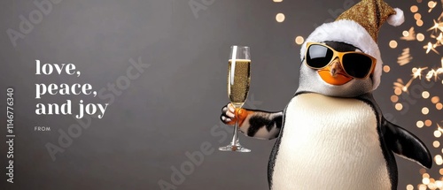 Cool Penguin Celebrates Christmas with Champagne, Love, Peace, and Joy photo