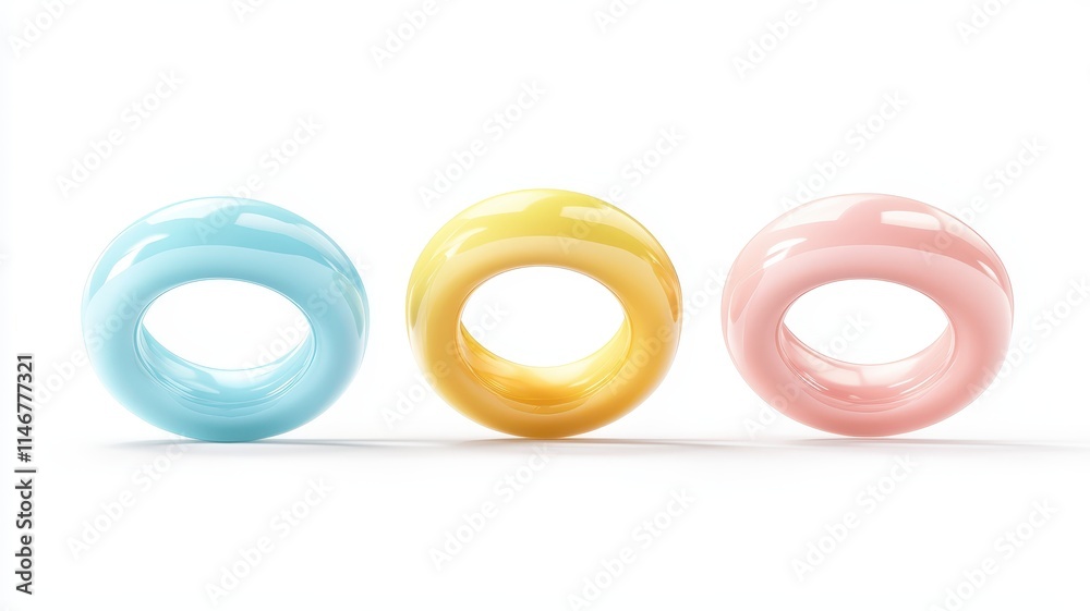 Three colorful, glossy rings in blue, yellow, and pink arranged in a row, showcasing a modern design and vibrant hues against a white background. Three colorful, glossy rings in blue, yellow, and pink arranged in a row, showcasing a modern design and vibrant hues against a white background.