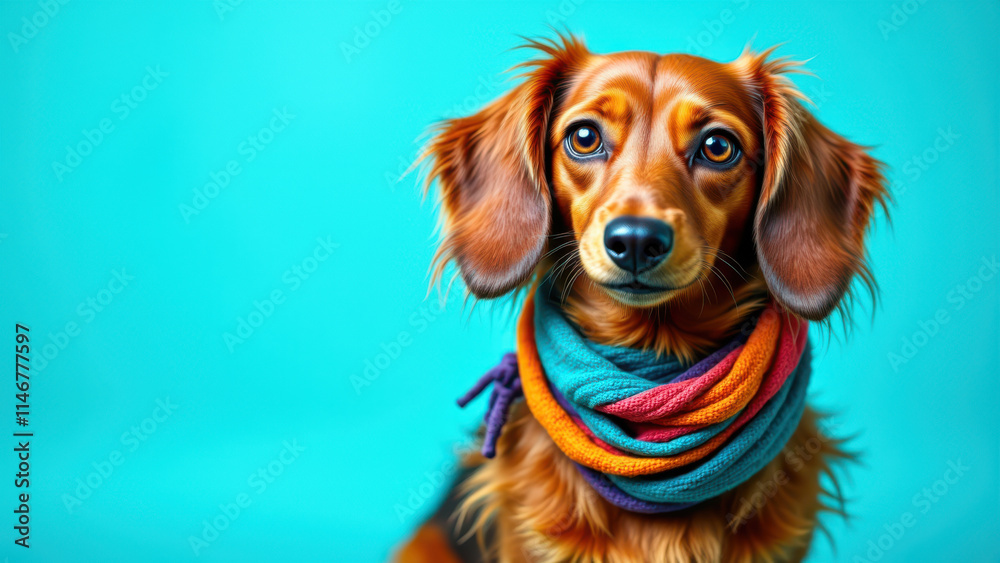 Long-haired Dachshund with a colorful scarf looking attentively at the camera. Long-haired Dachshund with a colorful scarf looking attentively at the camera.