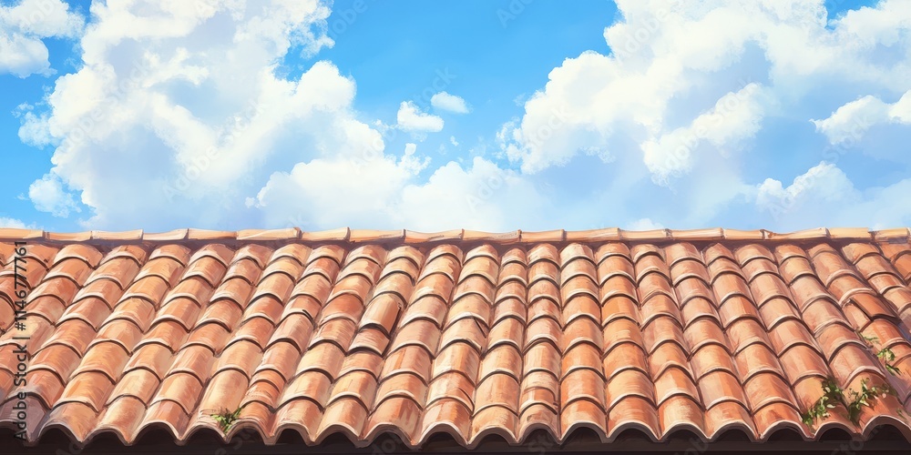 Mediterranean Style Roofline Under a Sunny Sky: Terracotta Tiles and Blue Sky with Fluffy White Clouds Mediterranean Style Roofline Under a Sunny Sky: Terracotta Tiles and Blue Sky with Fluffy White Clouds