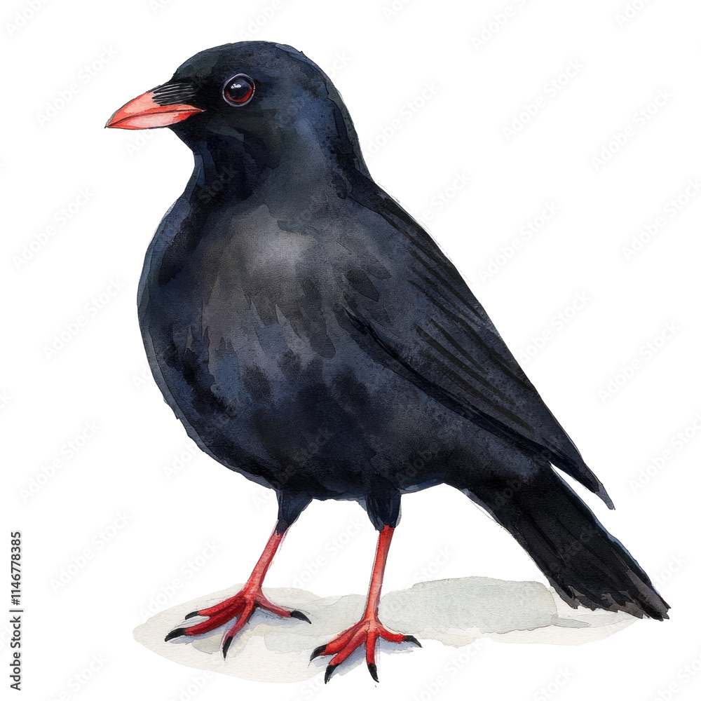 Fototapeta premium Detailed Illustration of a Chough Bird with Glossy Black Feathers and Red Legs