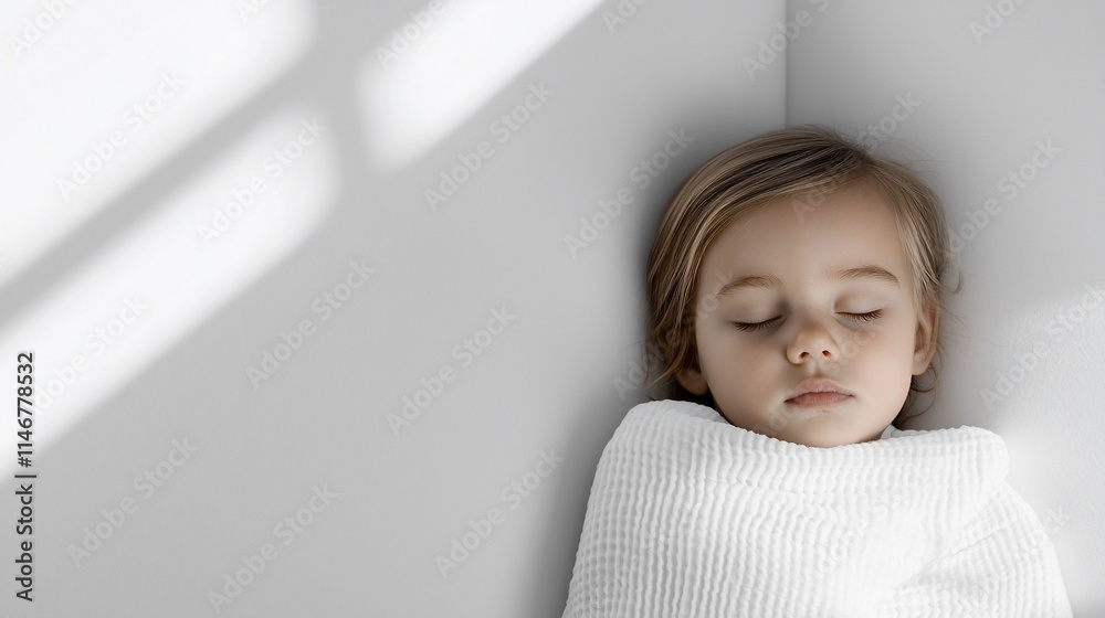 Peaceful toddler girl sleeping soundly in a corner, wrapped in a white blanket.