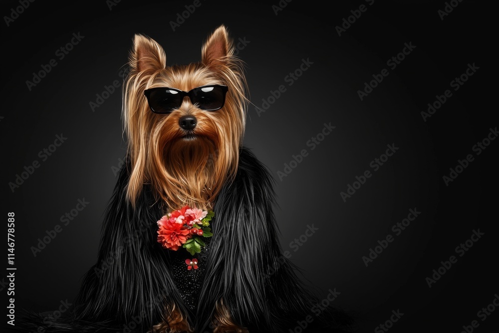 Naklejka premium Stylish dog wearing sunglasses and a floral accessory poses against a dark background for a photoshoot