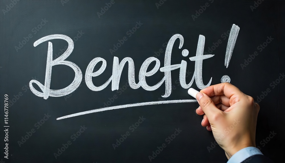Hand holding white chalk writing Benefit. Hand holding white chalk writing Benefit.