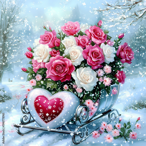 Winter sleigh with pink and white roses, heart decoration, and falling snow for romantic winter theme