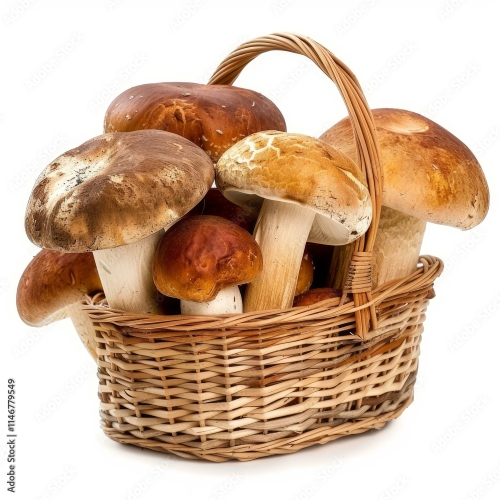 Wicker basket is brimming with a variety of freshly foraged wild edible mushrooms, ready for culinary use Wicker basket is brimming with a variety of freshly foraged wild edible mushrooms, ready for culinary use