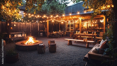 This image captures a cozy outdoor gathering space featuring a fire pit and warm string lights, perfect for social events or serene evenings in a beautifully lit garden.