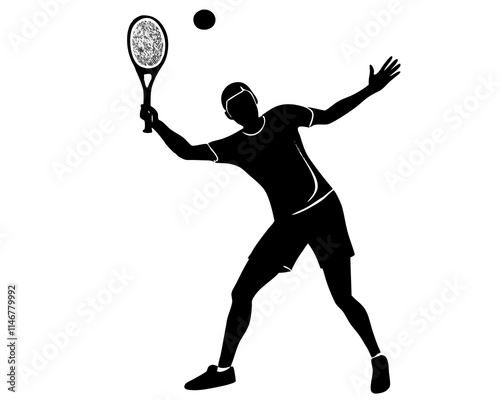 One tennis player hitting a serve black silhouette vector with white background