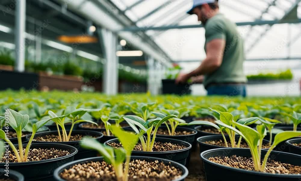 A man tending to young green seedlings in a greenhouse
