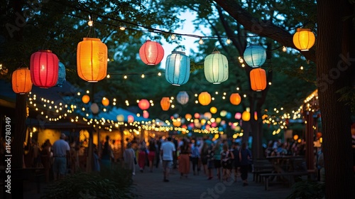 A lively outdoor area is illuminated by colorful lanterns during a joyous gathering at dusk