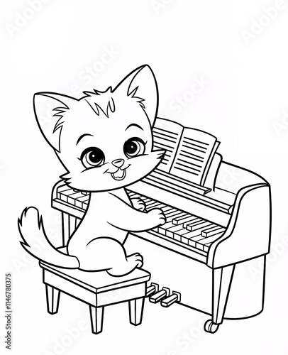 cat plays piano coloring 