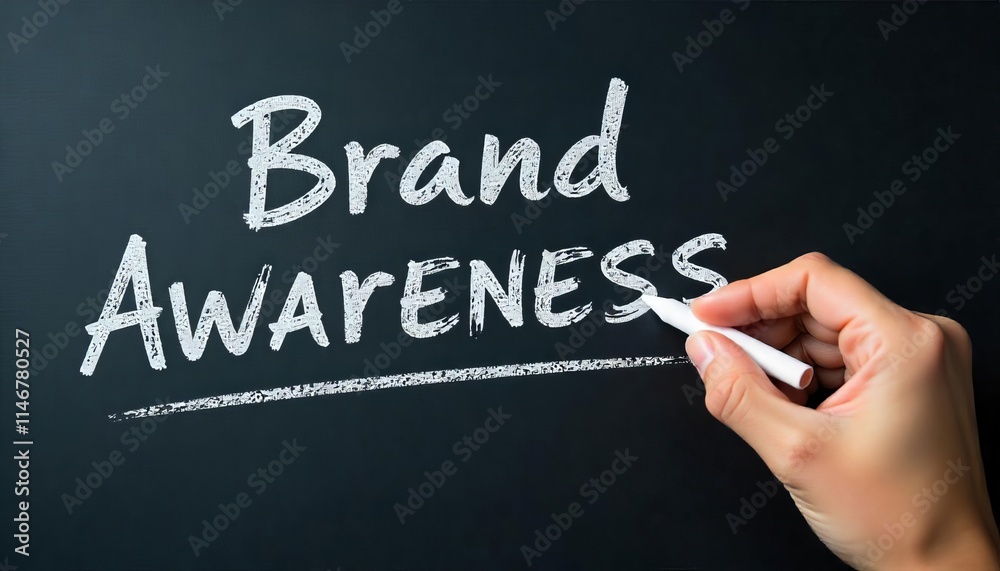 Hand holding white chalk writing Brand Awareness.Highlighting key business principles. Hand holding white chalk writing Brand Awareness.Highlighting key business principles.