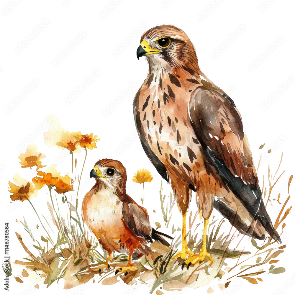Obraz premium Watercolor Illustration of Harrier Birds Standing Among Wildflowers in Nature Setting