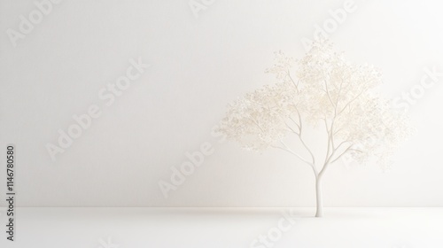 A serene, minimalist scene featuring a solitary white tree against a pale background, evoking tranquility and simplicity.