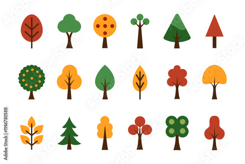 Tree icon simple. Forest design graphic geometric minimal style. Nature wood landscape sign. Concept leaf garden symbol. Silhouette plant drawing, environment button. Vector tidy cartoon flat set