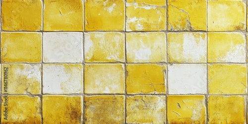 Aged Yellow and White Tiles Texture Background: A Detailed Look at Weathered Ceramic Wall photo