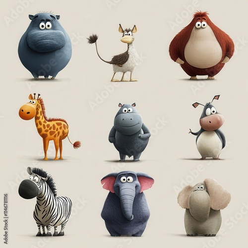 Nine Adorable Cartoon Animals Stand In A Row