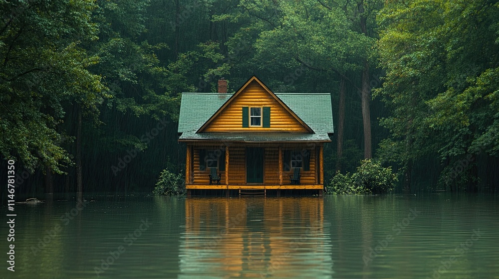 A lone wooden house surrounded by peaceful green woods at daybreak, swamped in floodwaters 