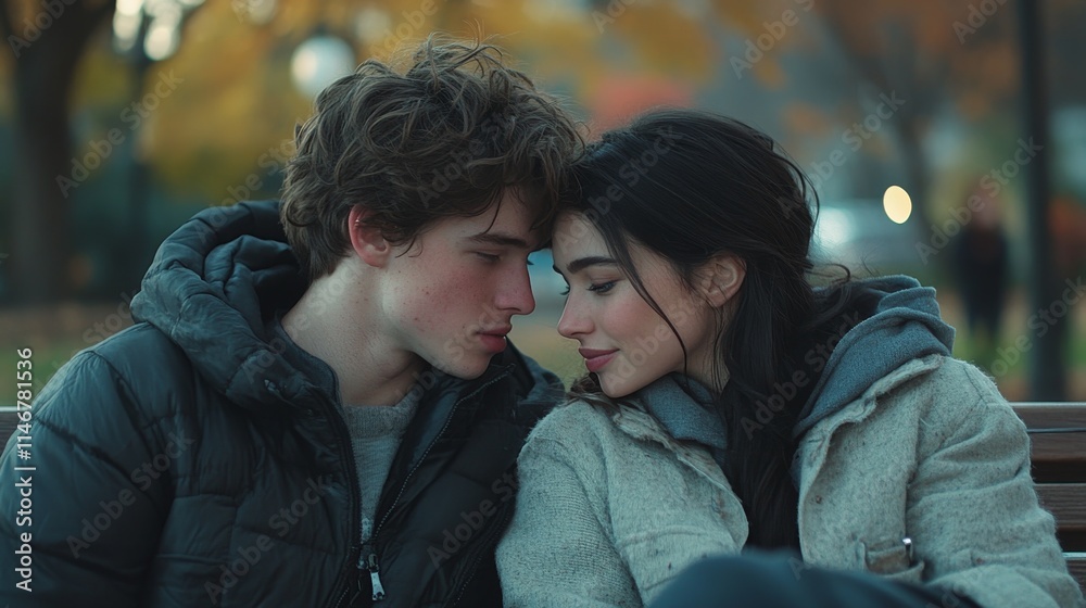 Romantic Couple Sitting Together in Autumn Romantic Couple Sitting Together in Autumn