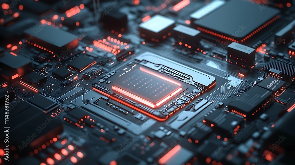 Close-up of high-tech circuit board design in digital landscape Close-up of high-tech circuit board design in digital landscape