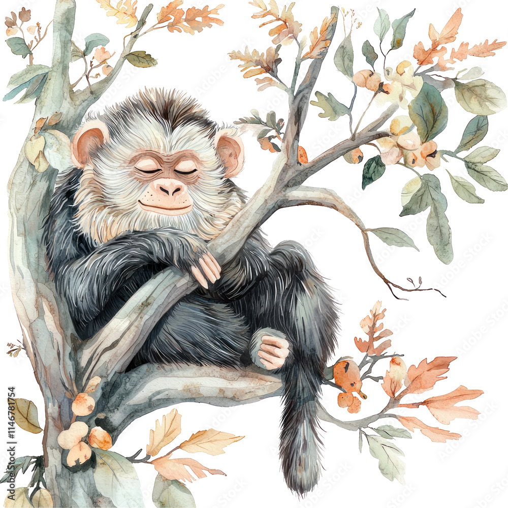 Obraz premium Serene Lion-Tailed Macaque Relaxing on Branch Surrounded by Colorful Foliage in Vibrant Illustration