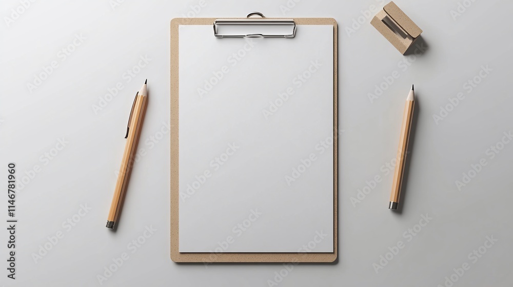 Blank clipboard with pencils and stapler on white background. Blank clipboard with pencils and stapler on white background.