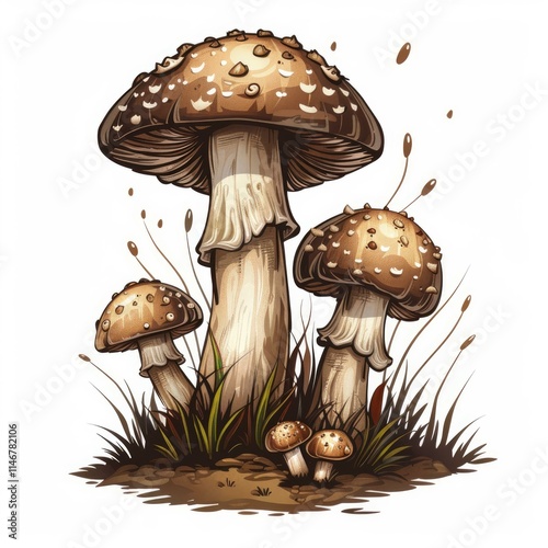 Panthercap mushrooms with brown spotted caps growing in tufts of grass from the soil photo