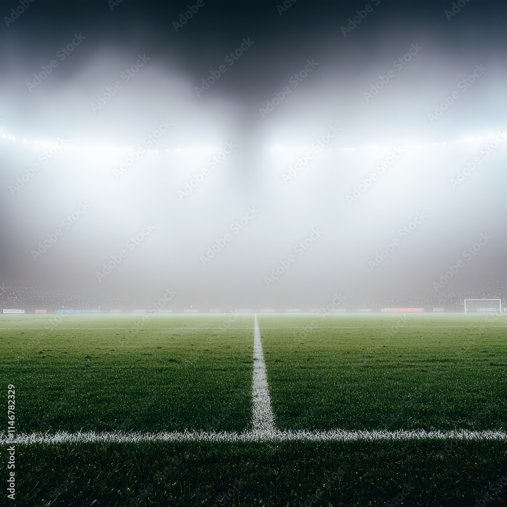 Obraz premium A misty soccer field illuminated by stadium lights, creating an atmospheric setting for a nighttime game.