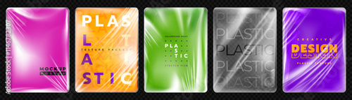 Plastic texture package. Transparent vinyl bag. Polythene wrapper. Clear pouch. Cellophane wrap with wrinkle. Stretch film. Crumpled polyethylene material. Mockup poster. Vector 3D backgrounds set