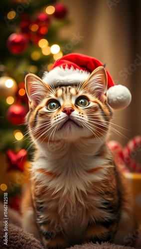 Christmas cat. Portrait of a fluffy cat next to a gift box on the background of Christmas tree and lights of garlands.