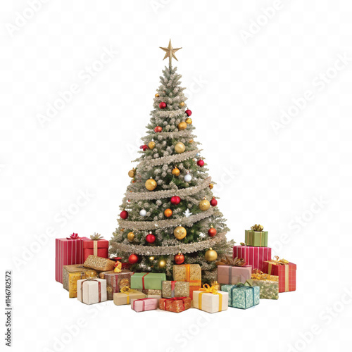 Abstract 3d Christmas tree with beautiful ornaments and many gift box isolated on white background