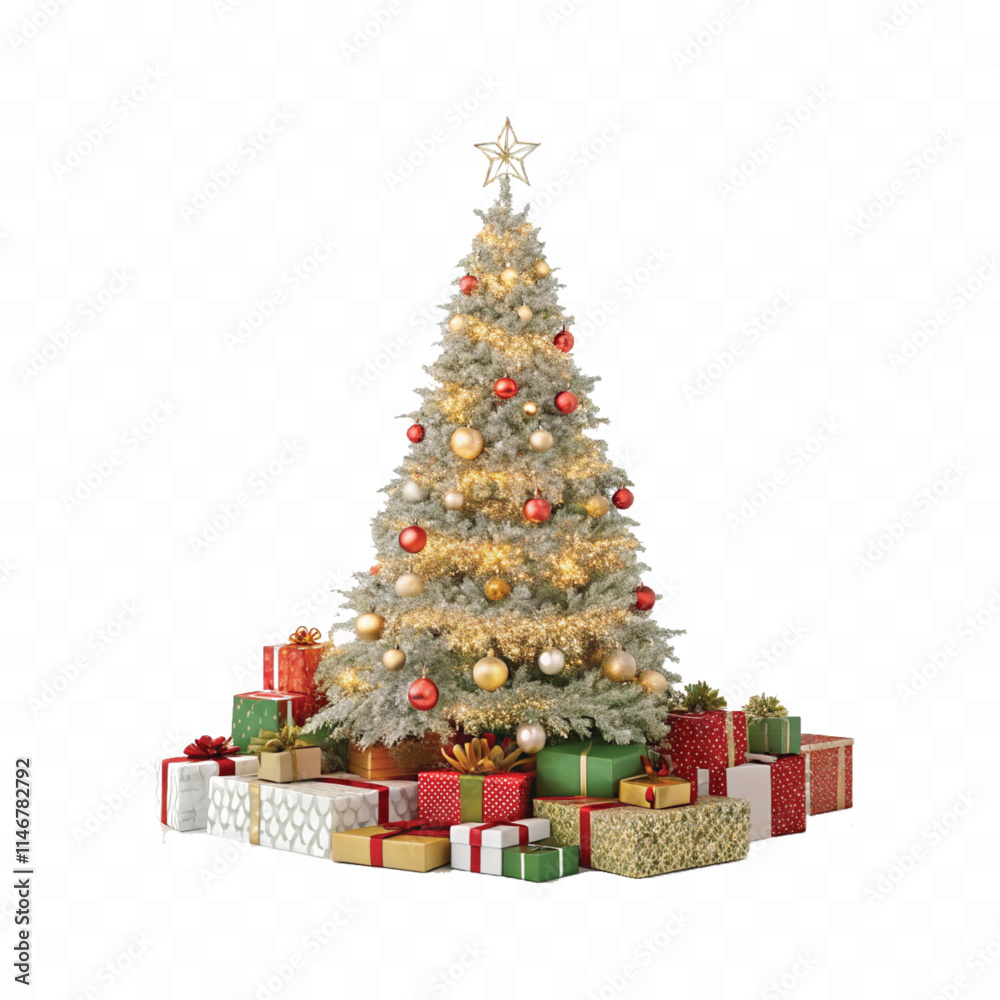 Abstract 3d Christmas tree with beautiful ornaments and many gift box isolated on white background Abstract 3d Christmas tree with beautiful ornaments and many gift box isolated on white background