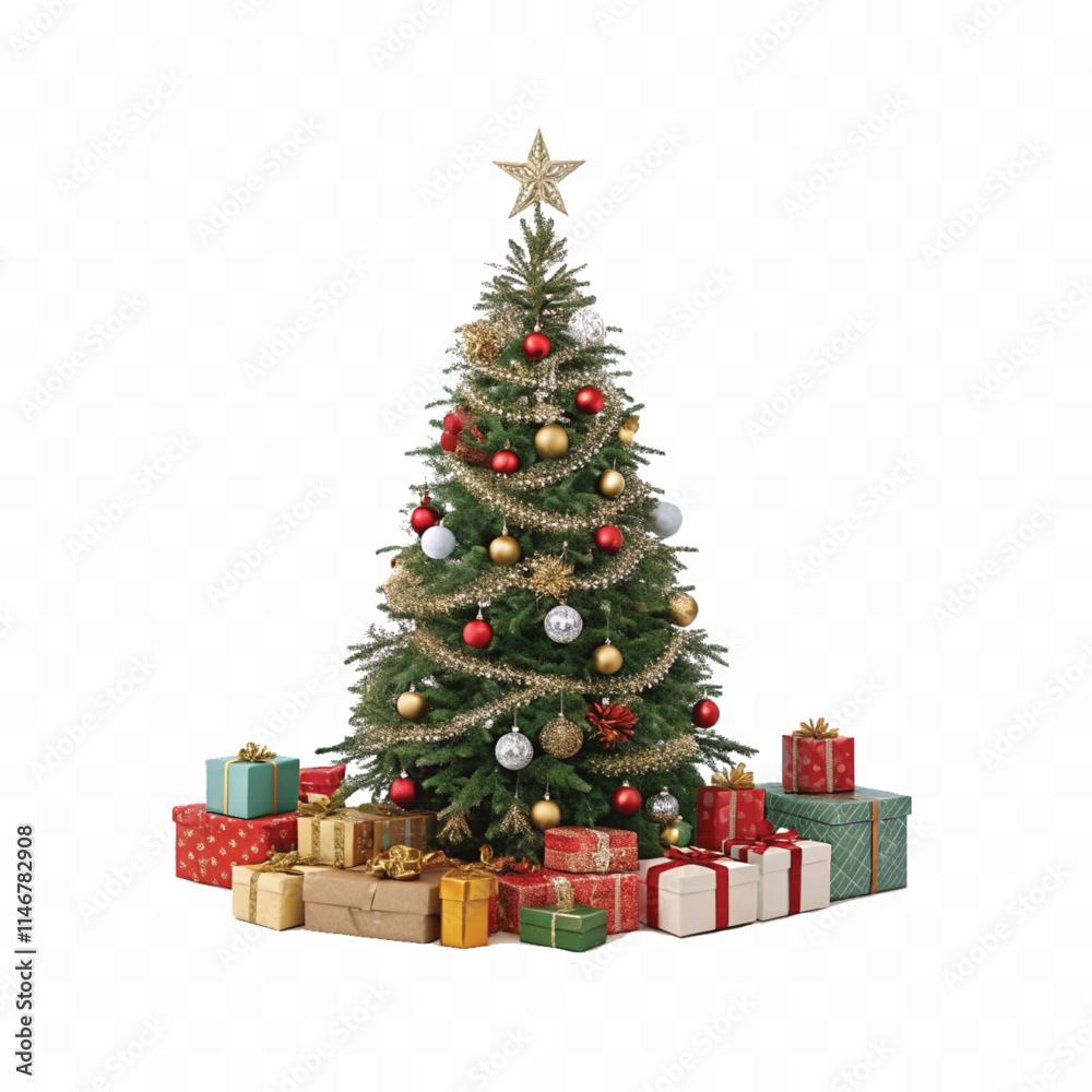 Abstract 3d Christmas tree with beautiful ornaments and many gift box isolated on white background Abstract 3d Christmas tree with beautiful ornaments and many gift box isolated on white background